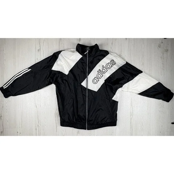 VNTG 90s Adidas Jacket Men XXL Black & White Striped Bold "adidas" Color Block - Picture 1 of 12